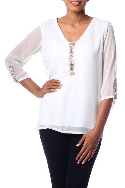 Embellished tunic, 'Pearl Mystique' - Embellished Off White Lined V-Neck Tunic from India