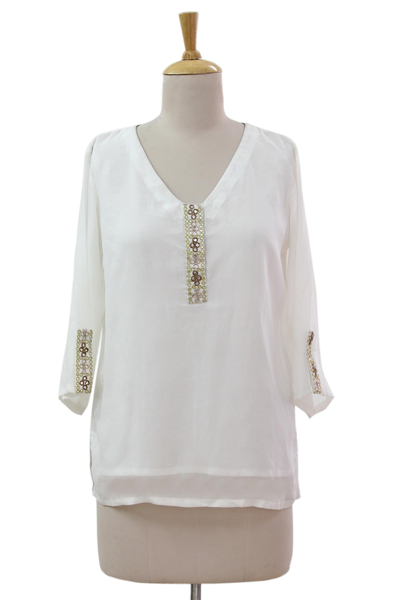 Embellished Off White Lined V-Neck Tunic from India - Pearl Mystique ...