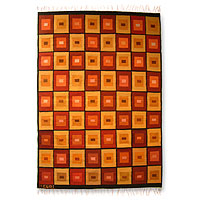 Alfombra de lana, 'Golden Windows' (4x5,25) - Alfombra de lana en naranjas y rojos (4x5,25)