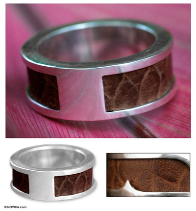 Men's sterling silver and leather ring, 'Strength Within' - Men's sterling silver and leather ring