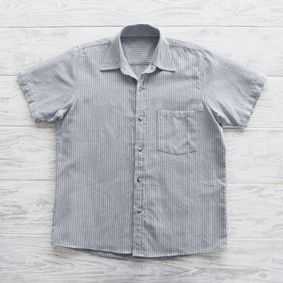 Men's short-sleeved cotton shirt, 'Pacific Ocean' - Blue Striped Short-Sleeved Men's Cotton Shirt