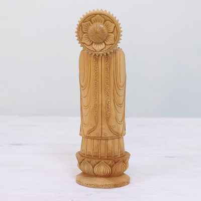 Wood statuette, 'Standing Buddha' - Artisan Hand Carved Kadam Wood Buddha Statuette from India