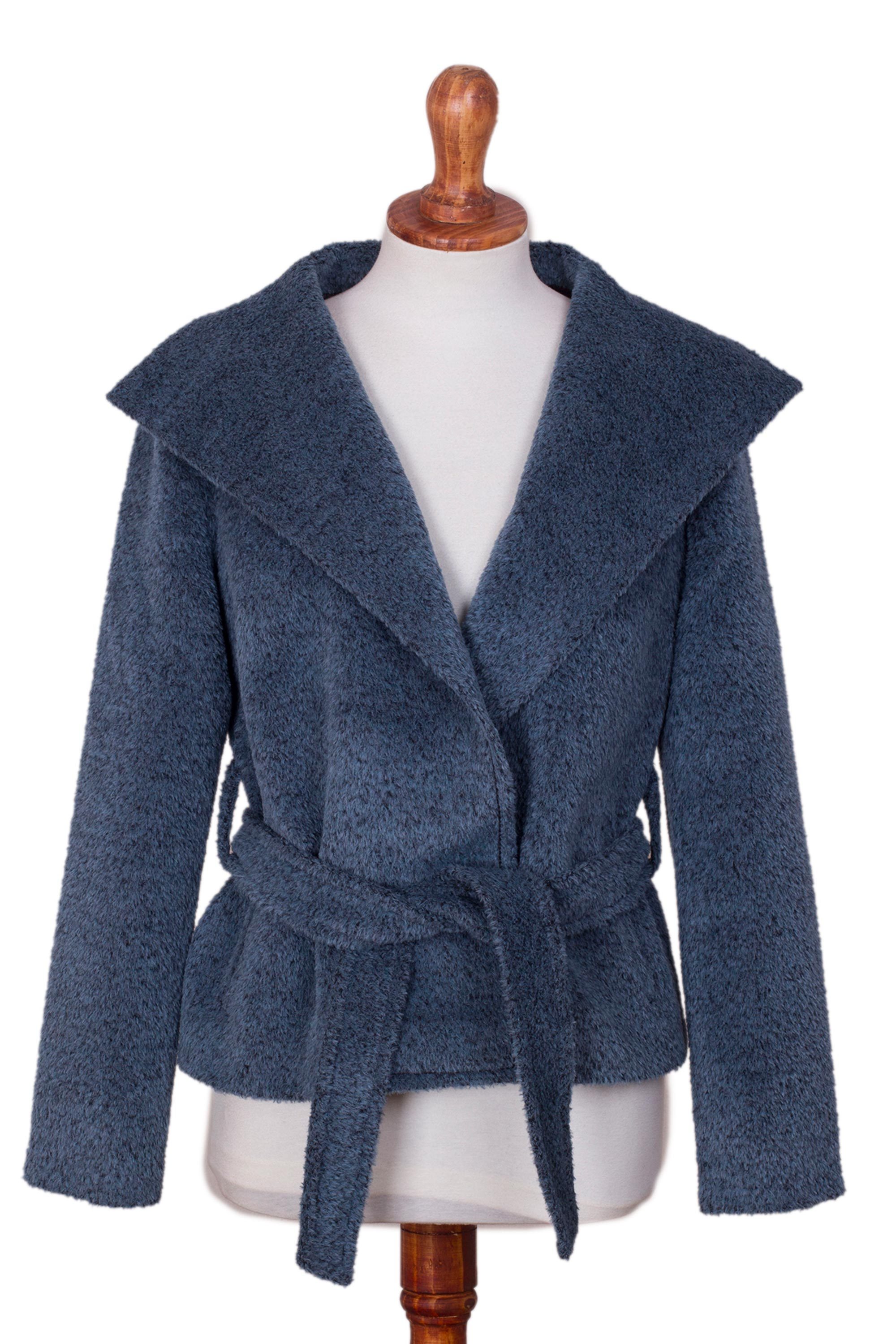 Blue 100 Baby Alpaca Wool Jacket with Sash Cozy NOVICA