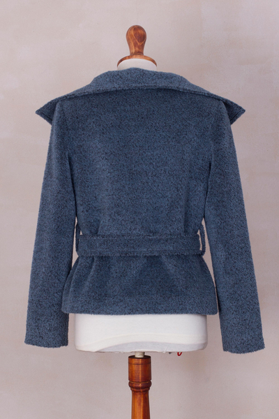 100% baby alpaca jacket, 'Cozy' - Blue 100% Baby Alpaca Wool Jacket with Sash