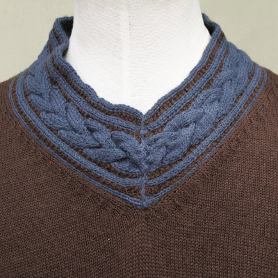 Men's alpaca blend sweater, 'Orcopampa Prowler' - Andean Brown and Blue Alpaca Blend Men's Sweater