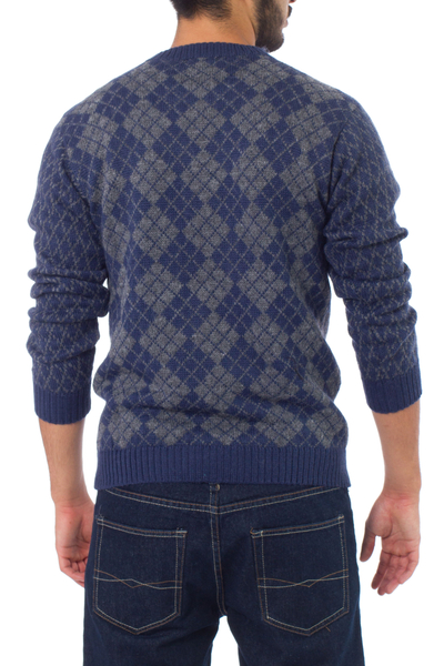 Men's alpaca blend sweater, 'Blue Argyle' - Men's Geometric Alpaca Patterned Pullover Sweater