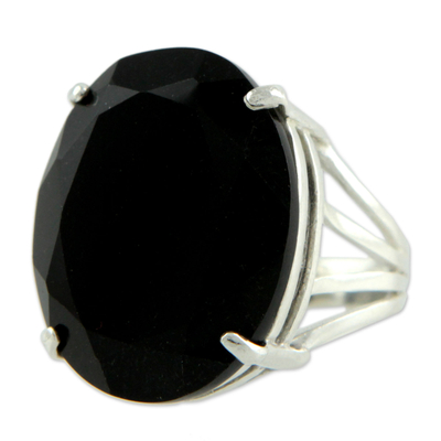 Onyx cocktail ring, 'Oval Facets' - Brazilian Artisan Crafted Faceted Black Onyx Cocktail Ring
