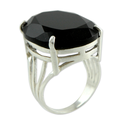 Onyx cocktail ring, 'Oval Facets' - Brazilian Artisan Crafted Faceted Black Onyx Cocktail Ring