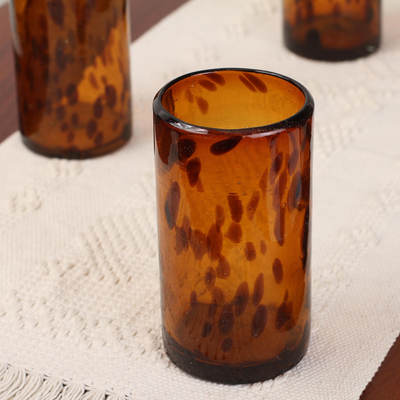 Drinking glasses, 'Tall Tortoise Shell' (set of 4) - 4 Water Glasses Handblown Recycled Glass Drinkware Mexico