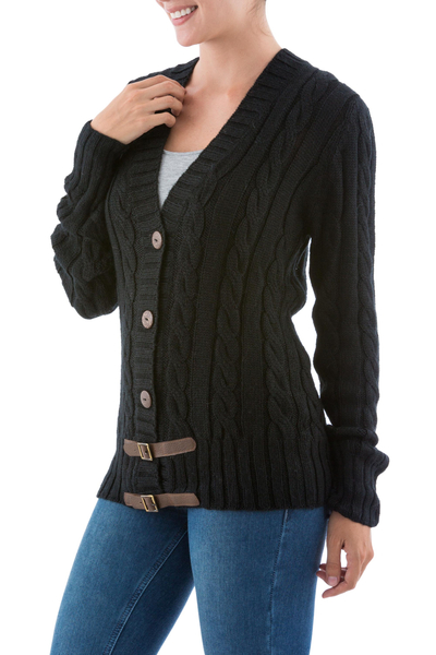 Alpaca blend cardigan, 'Buckles on Black' - Black Alpaca Blend Cardigan Sweater with Leather Trim