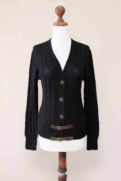 Alpaca blend cardigan, 'Buckles on Black' - Black Alpaca Blend Cardigan Sweater with Leather Trim