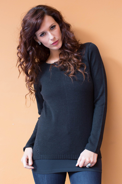 Cotton and alpaca sweater, 'Puno Black' - Handcrafted Peruvian Classic Pullover Sweater