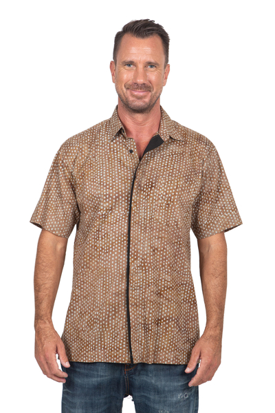 Men's cotton shirt, 'Sweet Basil' - Men's 100% Cotton Shirt Handstamped on Khaki Batik Fabric