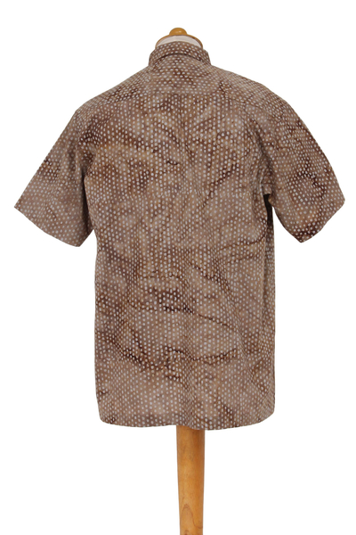 Men's cotton shirt, 'Sweet Basil' - Men's 100% Cotton Shirt Handstamped on Khaki Batik Fabric