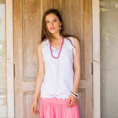 Linen and cotton blend top, 'Summer Bliss' - Cotton and Linen Blend Lace Trim Top in Eggshell from India