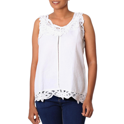 Linen and cotton blend top, 'Summer Bliss' - Cotton and Linen Blend Lace Trim Top in Eggshell from India