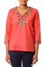 Cotton blouse, 'Tangerine Floral' - Handcrafted Floral Cotton Orange Blouse Tunic Top