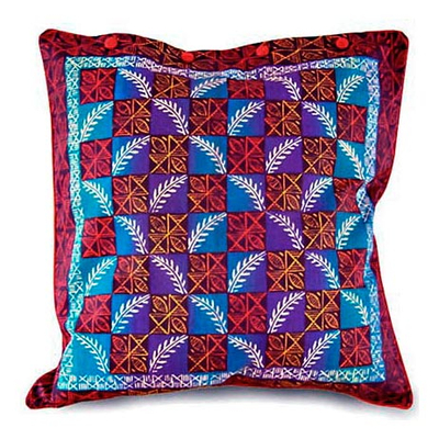 Cotton cushion cover, 'Leaf Design in Daybreak' (16 inch) - Colorful Block Print Cushion Cover from Africa (16 inch)