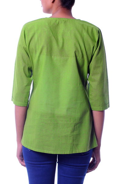 Cotton blouse, 'Gujrati Green' - India Embellished Cotton Tunic Blouse 
