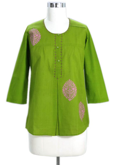 Cotton blouse, 'Gujrati Green' - India Embellished Cotton Tunic Blouse 