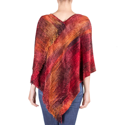 Cotton blend poncho, 'Ruby Tradition' - Hand Loomed Cotton Blend Poncho