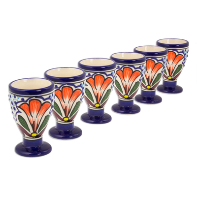 Ceramic cordial glasses, 'Radiant Flowers' (set of 6) - Talavera-Inspired 2 oz Ceramic Cordial Glasses (Set of Six)