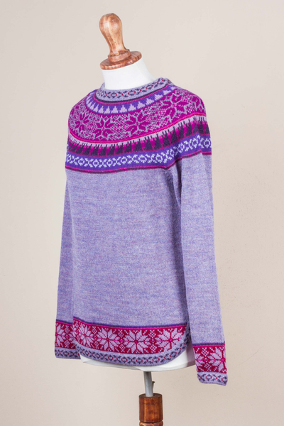 100% alpaca sweater, 'Soft Lavender' - Soft Lavender Flowers 100% Alpaca Pullover Sweater from Peru