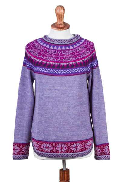 100% alpaca sweater, 'Soft Lavender' - Soft Lavender Flowers 100% Alpaca Pullover Sweater from Peru