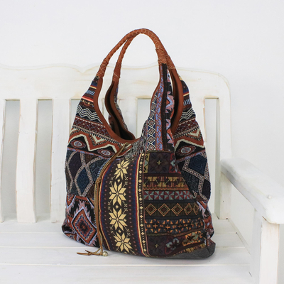 Leather accent cotton blend hobo bag, 'Geometric Shopper' - Leather Accent Cotton Blend Hobo Handbag from Thailand
