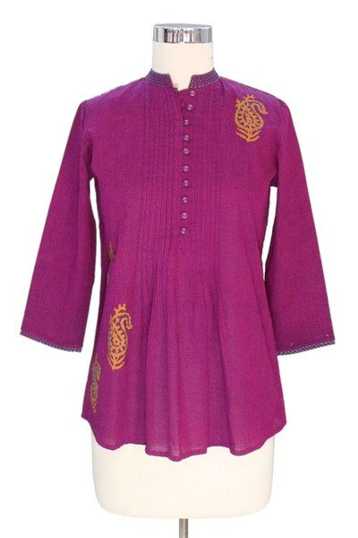 Cotton blouse, 'Wine Delight' - Paisley Cotton Embroidered Blouse Top from India
