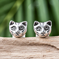 Sterling silver stud earrings, 'Pensive Cats' - Sterling Silver Cat Stud Earrings from Thailand