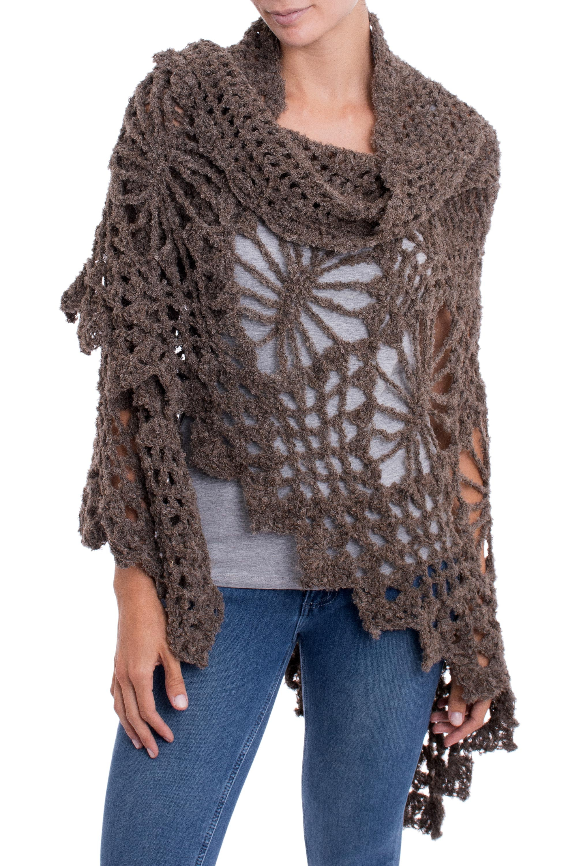 Crocheted Alpaca Blend Shawl in Coffee from Peru, 'Majesty of the Andes'