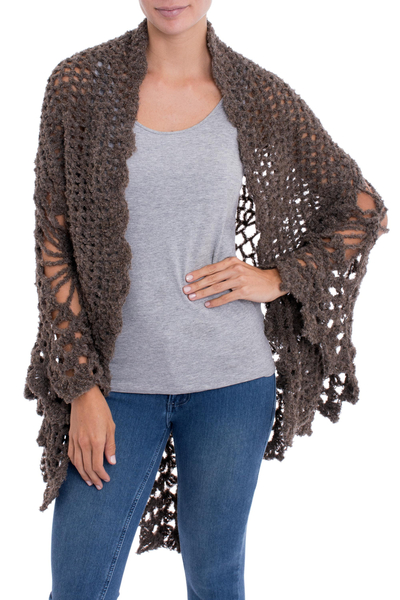 Alpaca blend shawl, 'Majesty of the Andes' - Crocheted Alpaca Blend Shawl in Coffee from Peru