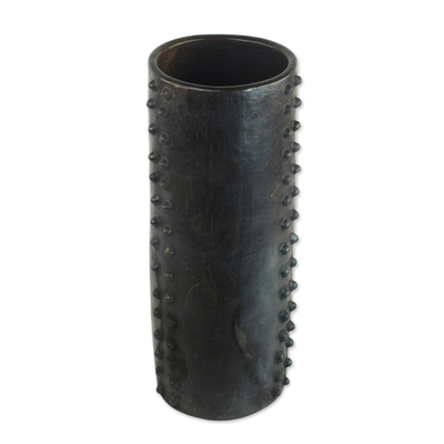 Ceramic decorative vase, 'Dotted Cylinder' - Wood-Fired Handcrafted Decorative Ceramic Vase from Ghana