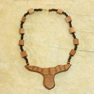 Wood pendant necklace, 'Horns of Victory' - Hand Crafted Wood Bead Necklace from Africa