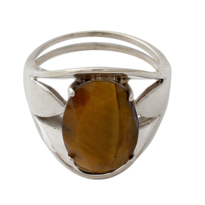 Tiger's eye solitaire ring, 'Glow' - Tiger Eye Silver Solitaire Ring Artrisan Crafted Jewelry