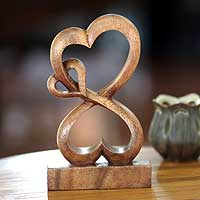 Wood sculpture, 'Love Blossoms' - Handmade Heart Shaped Wood Sculpture