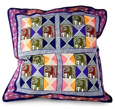 Cotton cushion cover, 'Elephant Squares in Dusk' (16 inch) - Multicolored Cushion Cover with Elephants (16 inch)