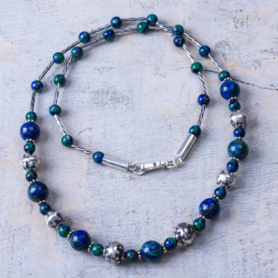 Azure-malachite beaded necklace, 'Andean Planet' - Andes Handcrafted Azure-Malachite Long Necklace