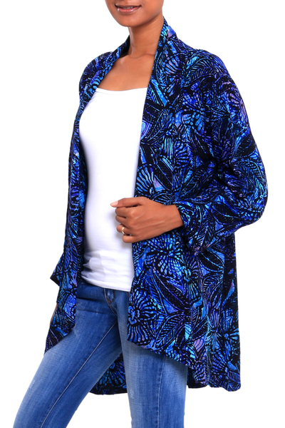 Batik rayon jacket, 'Batik Garden' - Black and Royal Blue Floral Batik Long Sleeve Jacket
