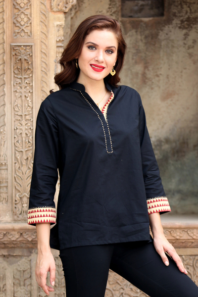 Cotton tunic, 'Indian Angles' - Cotton Tunic in Black with Geometric Accents from India