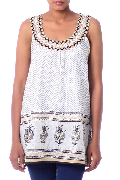 Beaded sleeveless cotton top, 'Golden Magic' - Sleeveless Cotton Block Print Top with Beadwork and Sequins
