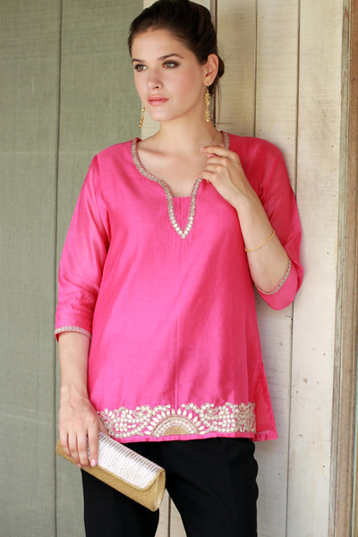 Cotton and silk blend tunic. 'Jaipuri Masala' - Elegant Bright Pink Tunic in a Cotton and Silk Blend
