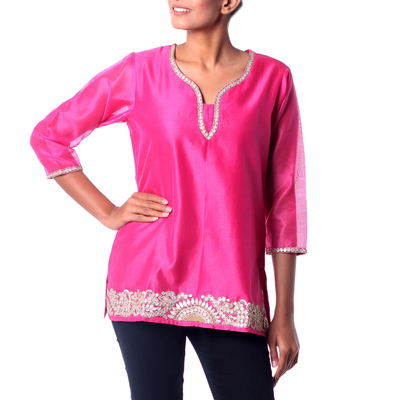 Cotton and silk blend tunic. 'Jaipuri Masala' - Elegant Bright Pink Tunic in a Cotton and Silk Blend