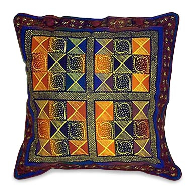 Cotton cushion cover, 'Guinea Fowl in Sunset' (16 inch) - Multicolored Cushion Cover with Guinea Fowl (16 inch)