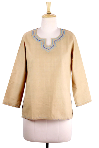 Cotton tunic, 'Desert Sapphire' - Hand Embroidered Handwoven Brown Cotton Tunic