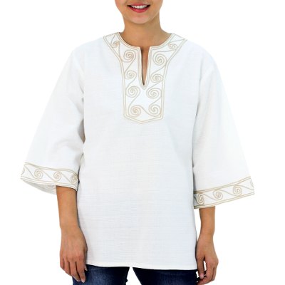 Cotton blouse, 'Cosmopolitan Cloud' - Hand Embroidered Tunic