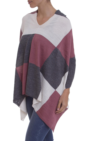 100% baby alpaca poncho, 'Checkmate in Pink' - Baby Alpaca Knit Poncho with White Grey and Pink Squares