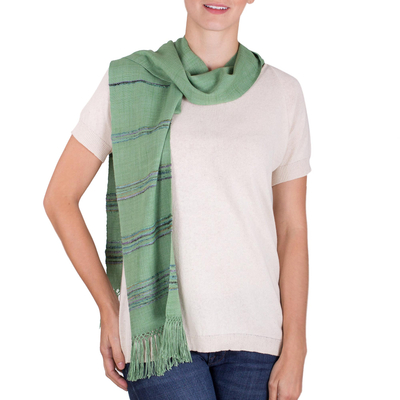 Rayon scarf, 'Mystic Maya Meadows' - Backstrap Loom Handwoven Green Rayon Scarf