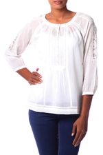 Cotton blend blouse, 'Floral Nature' - Ecru Cotton Blend Women's Blouse with Lace Accents